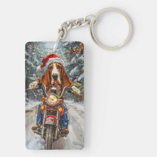 Basset Hound Dog Riding Motorcycle Kerstmis Sleutelhanger (achterkant)