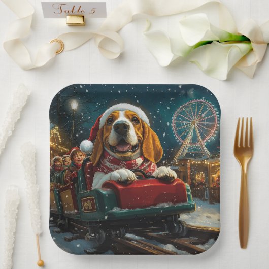 Basset Hound Dog Roller Onderzetter Kerst Papieren Bordje (Huwelijk)