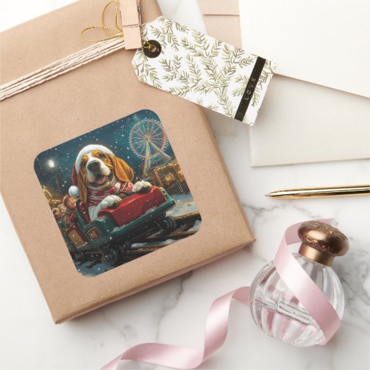 Basset Hound Dog Roller Onderzetter Kerst Vierkante Sticker (Geschenken)