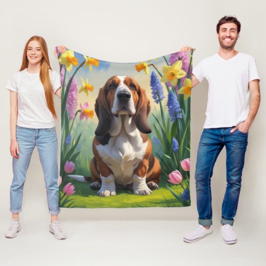 Basset Hound Dog Spring Flowers Painting Fleece Deken (In situ)