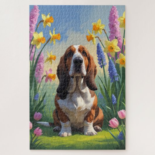 Basset Hound Dog Spring Flowers Painting Legpuzzel (Verticaal)