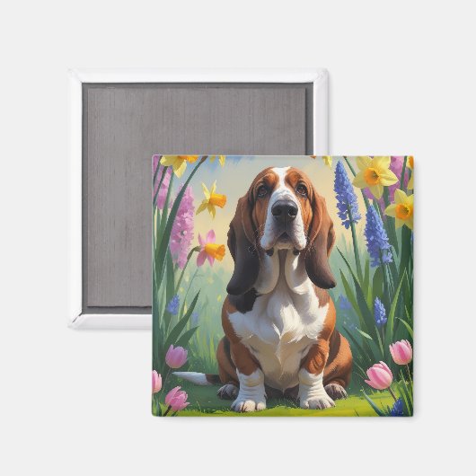 Basset Hound Dog Spring Flowers Painting Magneet (Voorkant / Achterkant)
