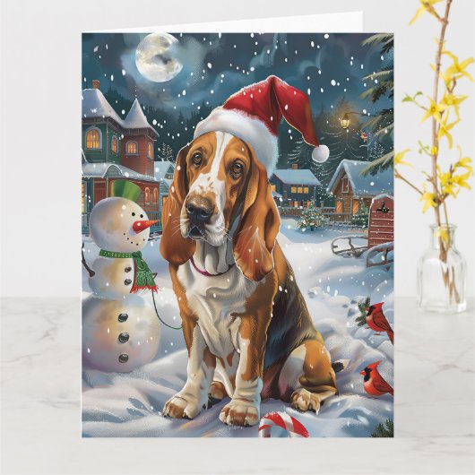 Basset Hound Dog Winter Wonderland Kerstvreugde Kaart (Gele Bloem)