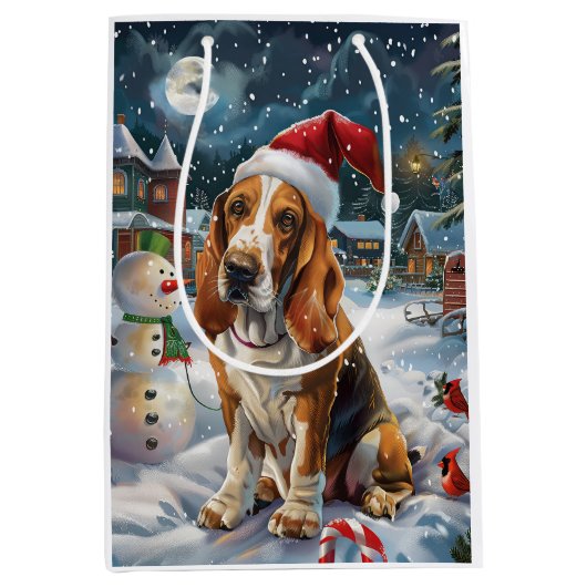 Basset Hound Dog Winter Wonderland Kerstvreugde Medium Cadeauzakje (Voorkant)