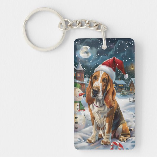 Basset Hound Dog Winter Wonderland Kerstvreugde Sleutelhanger (Voorkant)