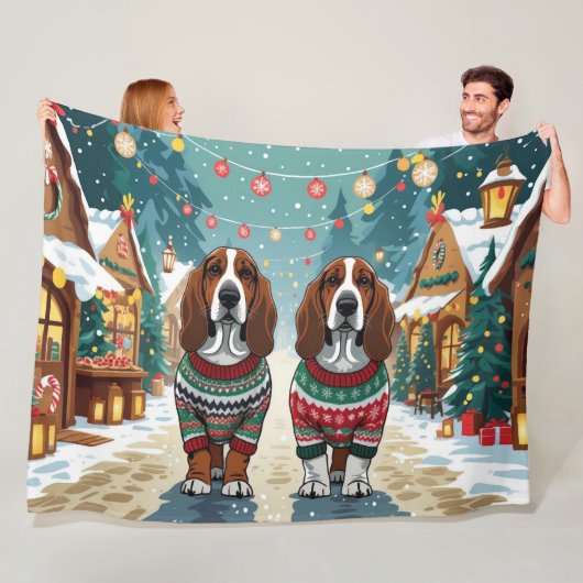 Basset Hound Dogs Christmas Snow Holiday Fleece Deken (In situ)