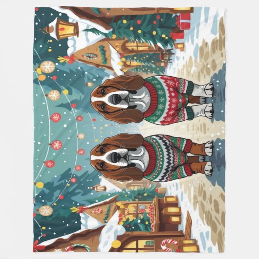Basset Hound Dogs Christmas Snow Holiday Fleece Deken (Voorkant)