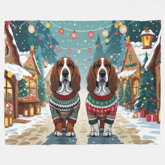 Basset Hound Dogs Christmas Snow Holiday Fleece Deken (Voorkant (Horizontaal))