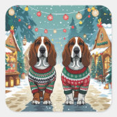 Basset Hound Dogs Christmas Snow Holiday Vierkante Sticker (Voorkant)