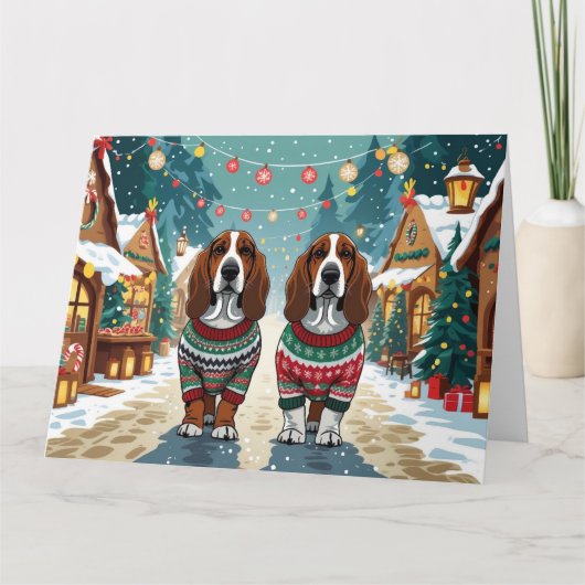 Basset Hound Dogs Kerstmis Sneeuw Vakantie Kaart (Voorkant)