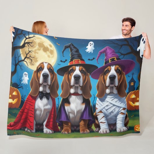 Basset Hound Dogs Pumpkin Halloween Grappig Fleece Deken (In situ)