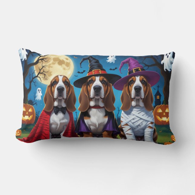 Basset Hound Dogs Pumpkin Halloween Grappig Kussen (Voorkant)