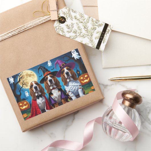 Basset Hound Dogs Pumpkin Halloween Grappig Rechthoekige Sticker (Geschenken)