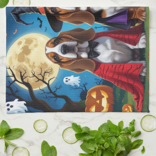 Basset Hound Dogs Pumpkin Halloween Grappig Theedoek (Gevouwen)