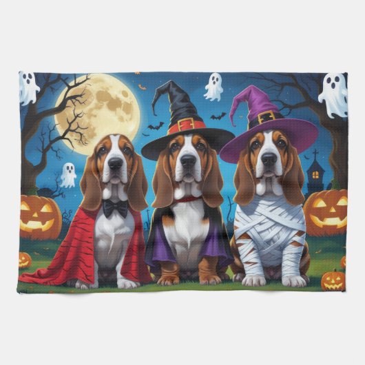 Basset Hound Dogs Pumpkin Halloween Grappig Theedoek (Horizontaal)
