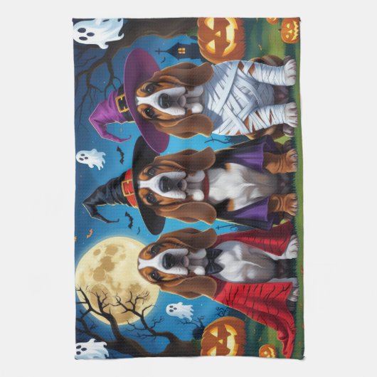 Basset Hound Dogs Pumpkin Halloween Grappig Theedoek (Verticaal)