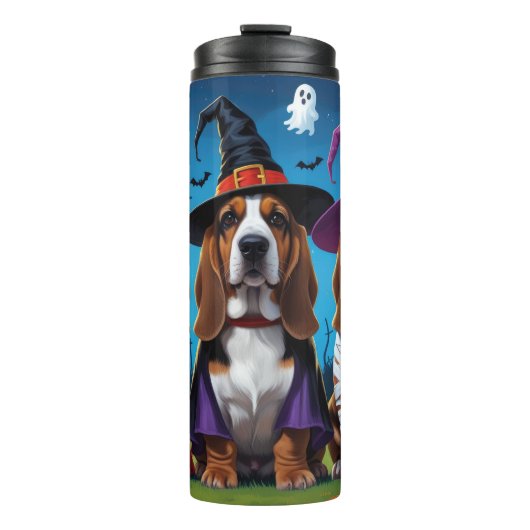 Basset Hound Dogs Pumpkin Halloween Grappig Thermosbeker (Voorkant)