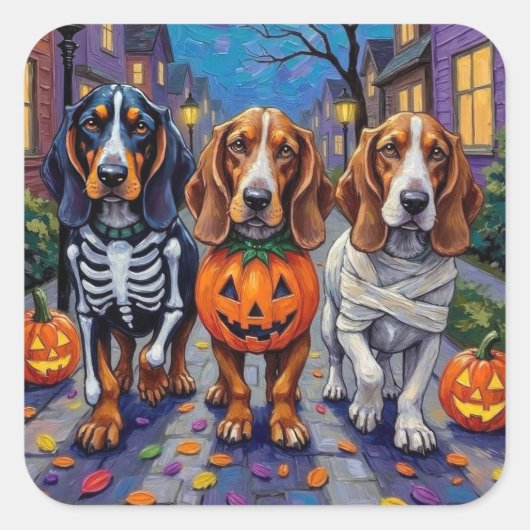 Basset Hound Dogs Trick-or-Treating tijdens Hallow Vierkante Sticker (Voorkant)