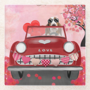 Basset Hound Driving Car met Valentijnse harten Glazen Onderzetter