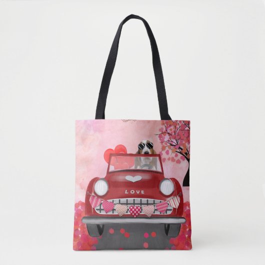 Basset Hound Driving Car met Valentijnse harten Tote Bag (Voorkant)