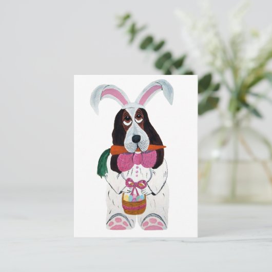 Basset Hound Easter Bunny Feestdagenkaart (Staand voorkant)