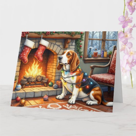 Basset Hound Fireplace with Christmas Lights Kaart (Orchidee)