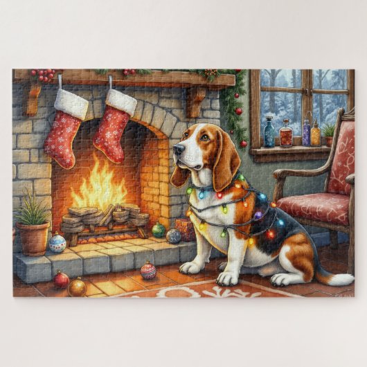 Basset Hound Fireplace with Christmas Lights Legpuzzel (Horizontaal)
