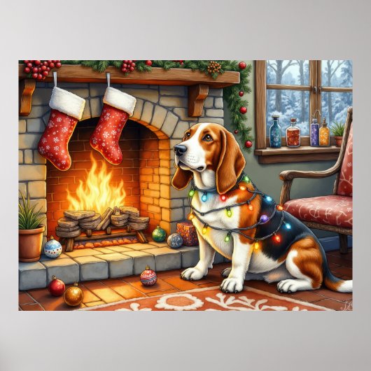Basset Hound Fireplace with Christmas Lights Poster (Voorkant)