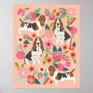 Basset Hound Florals - Dog Art Poster