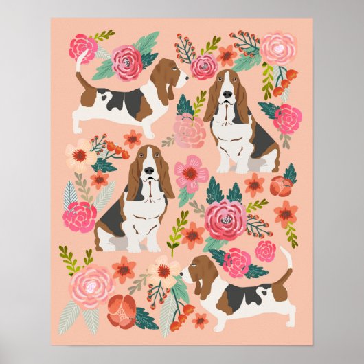 Basset Hound Florals - Dog Art Poster (Voorkant)
