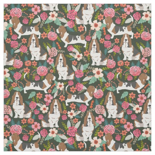 Basset hound florals stof - schattig hondenweefsel (Swatch)