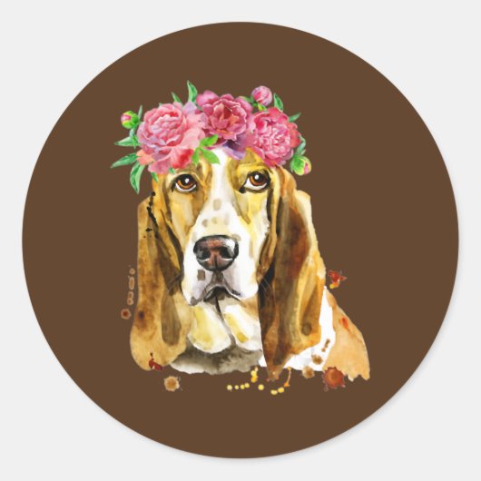 Basset hound flower crown waterverf art dog mama ronde sticker (Voorkant)