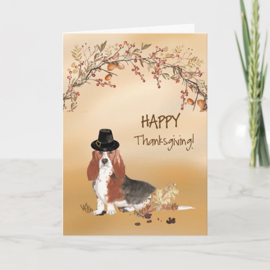 Basset Hound Funny Pilgrim Pet Thanksgiving Kaart (Voorkant)