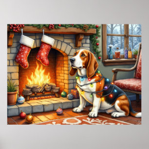 Basset Hound Haard met Kerstverlichting Poster