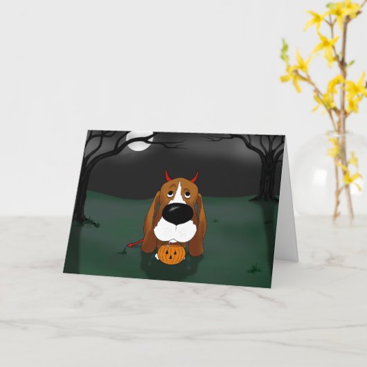 Basset Hound Halloween Kaart (Gele Bloem)