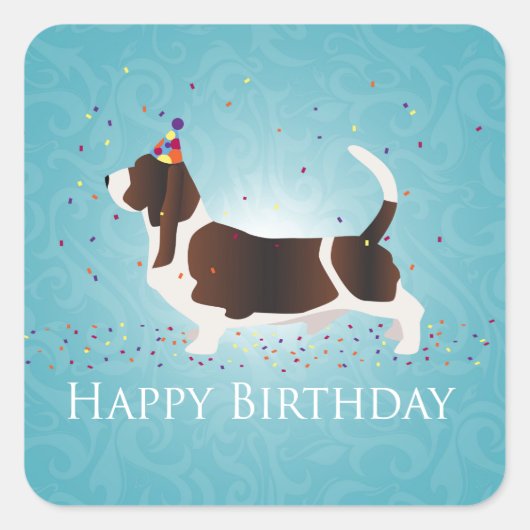 Basset Hound Happy Birthday-ontwerp Vierkante Sticker (Voorkant)