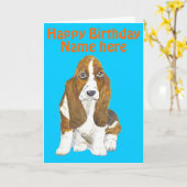 Basset Hound Happy Birthday, voornaam toevoegen Kaart (Gele Bloem)
