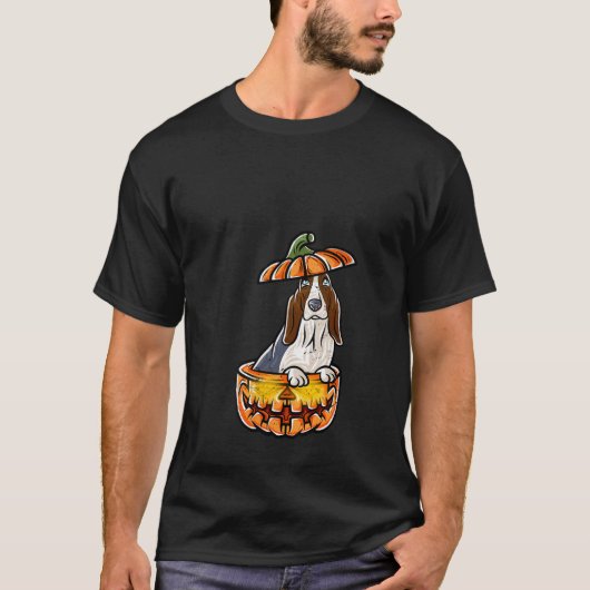 Basset Hound Happy Halloween Pompoen Hond V Hals T T-shirt (Voorkant)
