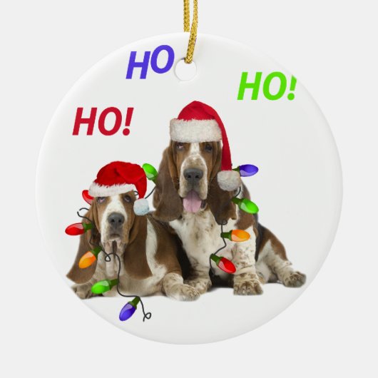 Basset Hound Ho Ho Ho Kerstmis Keramisch Ornament (Voorkant)