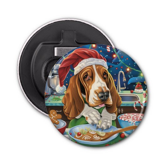 Basset Hound Holiday Baking: Feestelijke Kerst Button Flesopener (Voorkant)