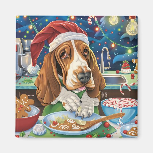 Basset Hound Holiday Baking: Feestelijke Kerst Magneet (Voorkant)