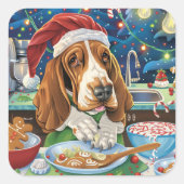 Basset Hound Holiday Baking: Feestelijke Kerst Vierkante Sticker (Voorkant)