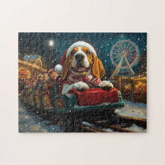 Basset Hound-hond achtbaan Kerstmis Legpuzzel (Horizontaal)