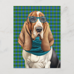 Basset Hound-hond en turquoise geruite monogram Feestdagenkaart