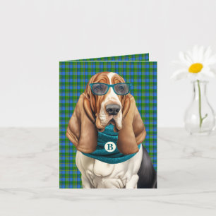 Basset Hound-hond en tweekleurige geruite monogram Kaart