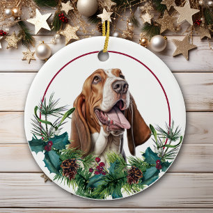 Basset Hound Hond Groene Krans Keramisch Ornament