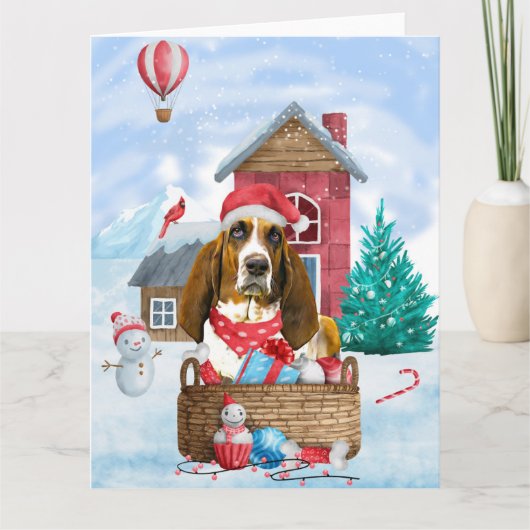 Basset Hound-hond in sneeuw Kerstmis hondenhok Kaart (Voorkant)