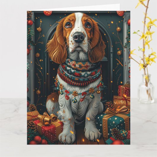 Basset Hound Hond met kerstcadeaus open haard Kaart (Gele Bloem)