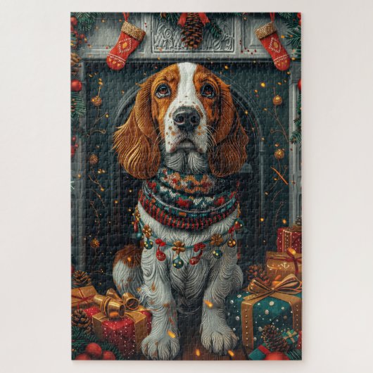 Basset Hound Hond Met Kerstcadeaus Open Haard Legpuzzel (Verticaal)