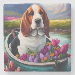 Basset Hound-hond op een peddel: een landschappeli Stenen Onderzetter